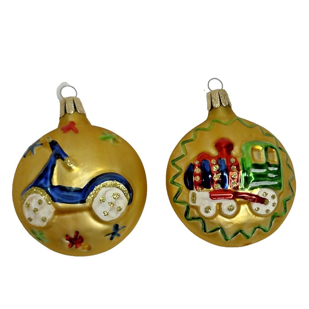 Czech Republic Blown Glass Train Bike Christmas Ornament Round Flat Painted set